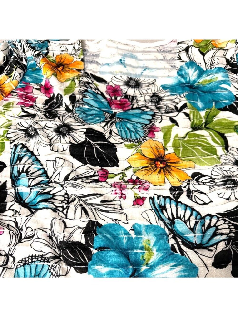 Floral & Butterfly Print Short-Sleeve Pleated Top Vibrant Colors Womens M - Picture 4 of 6